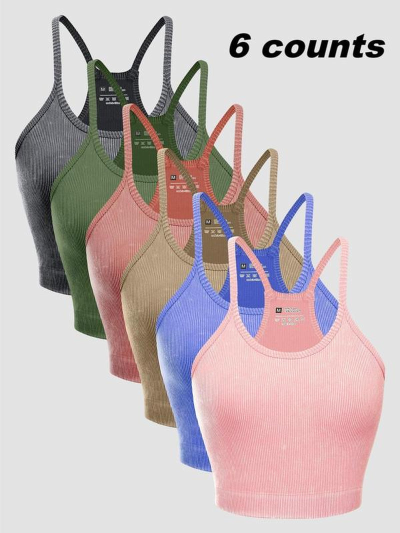 Women'S Textured Ribbed Sports Vest, Solid Sleeveless Spaghetti Strap Crop Top for Yoga Gym Workout Running, Ladies Sportswear Clothing for Summer, Activewear