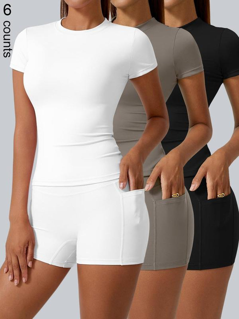 Two-Piece Set Women'S Solid Crop Top & High Waist Shorts Sports Set, Sporty Casual Breathable Comfortable Two-Piece Outfits for Yoga Gym Workout Running Cycling, Ladies Sportswear for All Seasons, Elegant Gym Outfits
