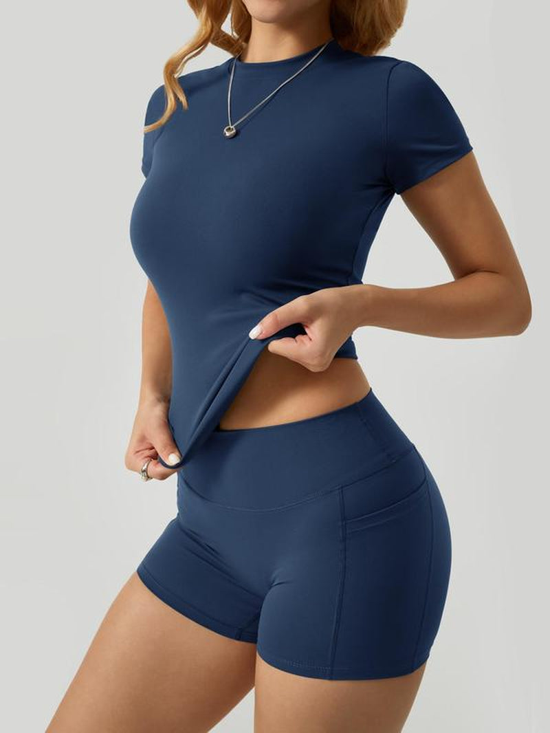 Two-Piece Set Women'S Solid Crop Top & High Waist Shorts Sports Set, Sporty Casual Breathable Comfortable Two-Piece Outfits for Yoga Gym Workout Running Cycling, Ladies Sportswear for All Seasons, Elegant Gym Outfits