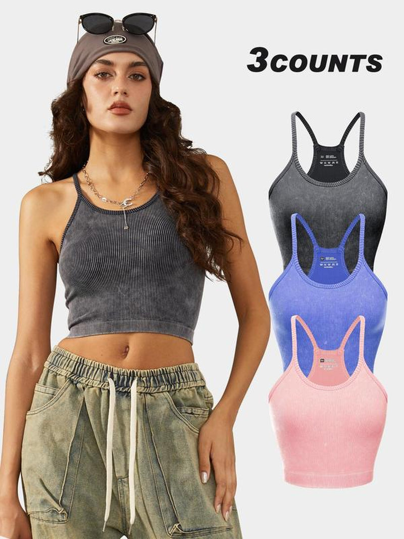 Women'S Textured Ribbed Sports Vest, Solid Sleeveless Spaghetti Strap Crop Top for Yoga Gym Workout Running, Ladies Sportswear Clothing for Summer, Activewear