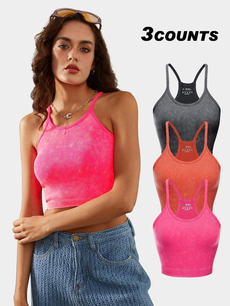 Women'S Textured Ribbed Sports Vest, Solid Sleeveless Spaghetti Strap Crop Top for Yoga Gym Workout Running, Ladies Sportswear Clothing for Summer, Activewear