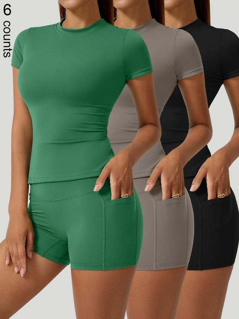 Two-Piece Set Women'S Solid Crop Top & High Waist Shorts Sports Set, Sporty Casual Breathable Comfortable Two-Piece Outfits for Yoga Gym Workout Running Cycling, Ladies Sportswear for All Seasons, Elegant Gym Outfits