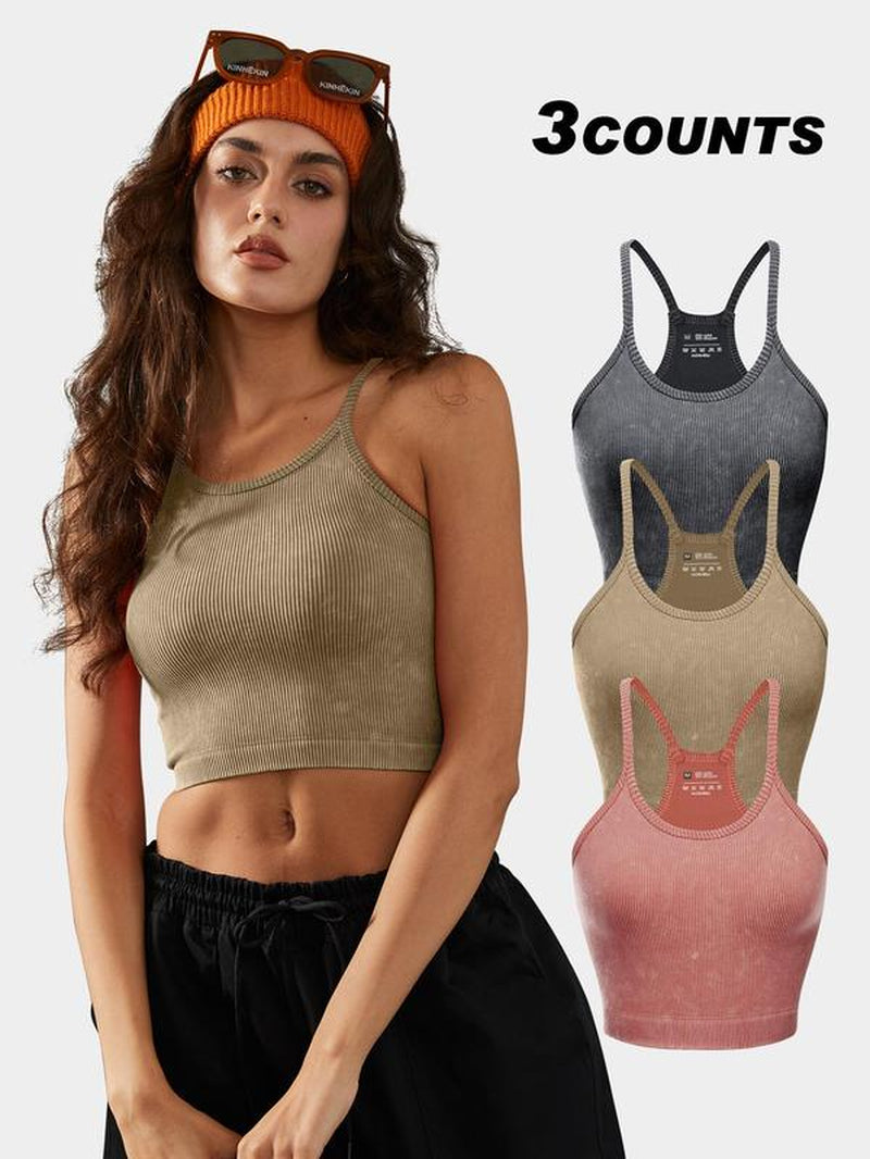 Women'S Textured Ribbed Sports Vest, Solid Sleeveless Spaghetti Strap Crop Top for Yoga Gym Workout Running, Ladies Sportswear Clothing for Summer, Activewear