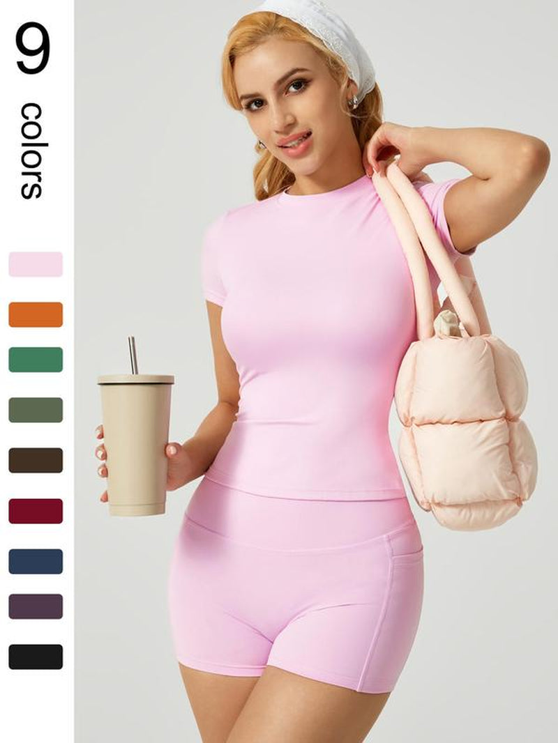 Two-Piece Set Women'S Solid Crop Top & High Waist Shorts Sports Set, Sporty Casual Breathable Comfortable Two-Piece Outfits for Yoga Gym Workout Running Cycling, Ladies Sportswear for All Seasons, Elegant Gym Outfits