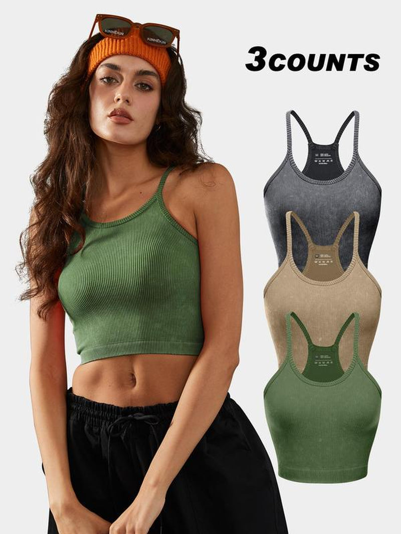 Women'S Textured Ribbed Sports Vest, Solid Sleeveless Spaghetti Strap Crop Top for Yoga Gym Workout Running, Ladies Sportswear Clothing for Summer, Activewear