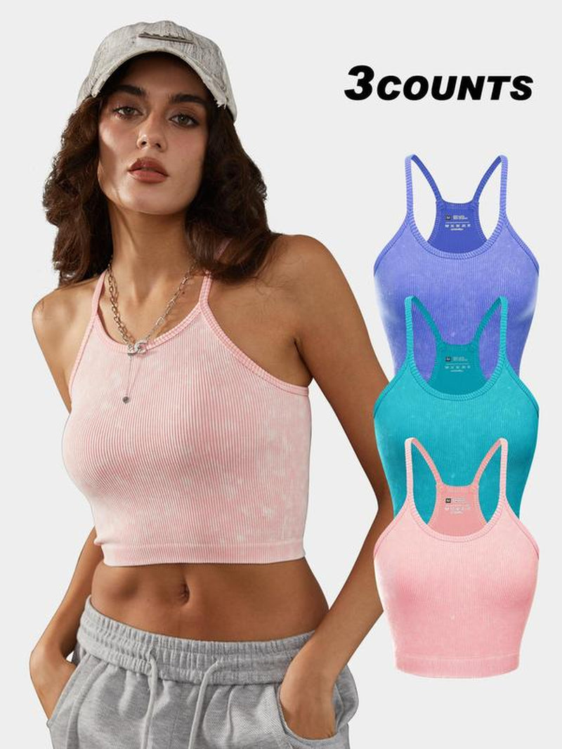 Women'S Textured Ribbed Sports Vest, Solid Sleeveless Spaghetti Strap Crop Top for Yoga Gym Workout Running, Ladies Sportswear Clothing for Summer, Activewear