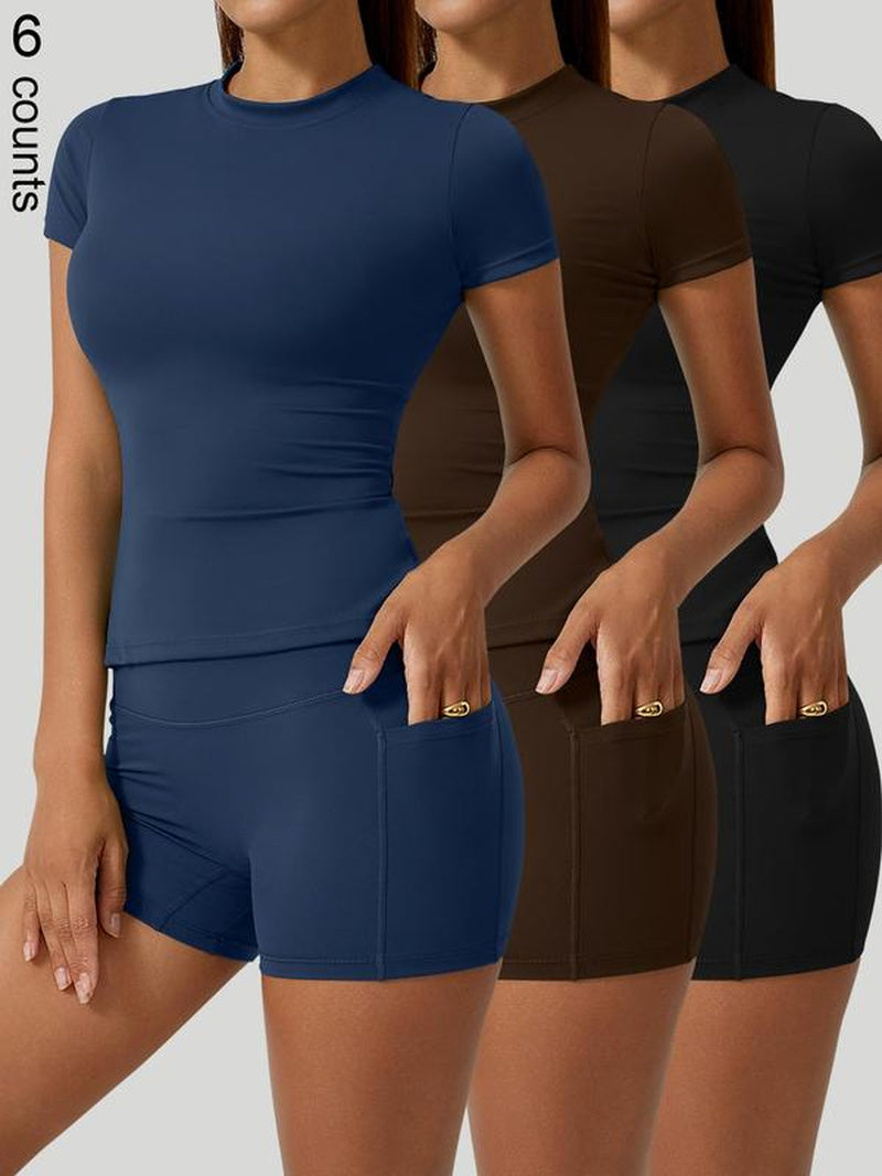 Two-Piece Set Women'S Solid Crop Top & High Waist Shorts Sports Set, Sporty Casual Breathable Comfortable Two-Piece Outfits for Yoga Gym Workout Running Cycling, Ladies Sportswear for All Seasons, Elegant Gym Outfits