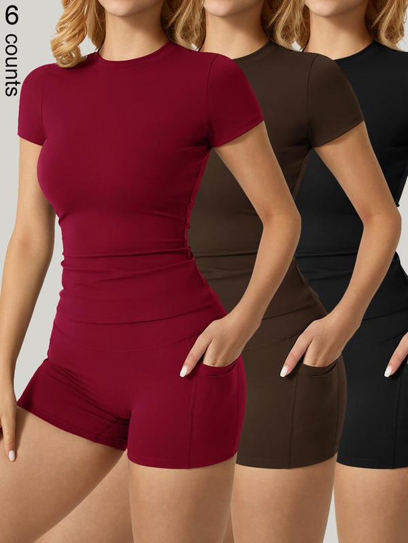 Two-Piece Set Women'S Solid Crop Top & High Waist Shorts Sports Set, Sporty Casual Breathable Comfortable Two-Piece Outfits for Yoga Gym Workout Running Cycling, Ladies Sportswear for All Seasons, Elegant Gym Outfits