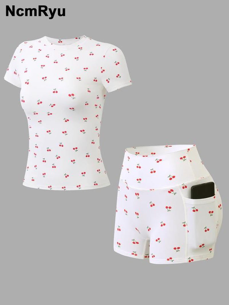 Two-Piece Set Women'S Solid Crop Top & High Waist Shorts Sports Set, Sporty Casual Breathable Comfortable Two-Piece Outfits for Yoga Gym Workout Running Cycling, Ladies Sportswear for All Seasons, Elegant Gym Outfits